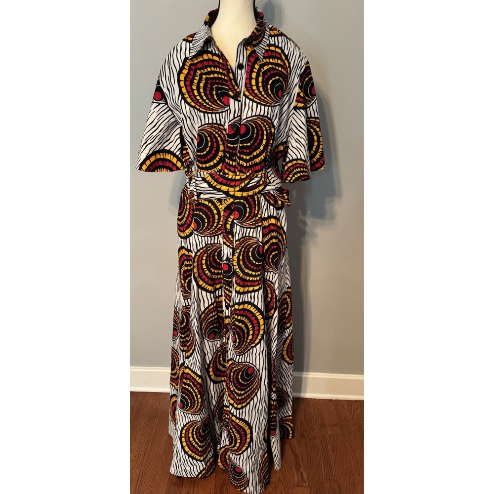 Ofuure Women's XL Bold African Print Ankara Statement Maxi Shirt Dress Belted